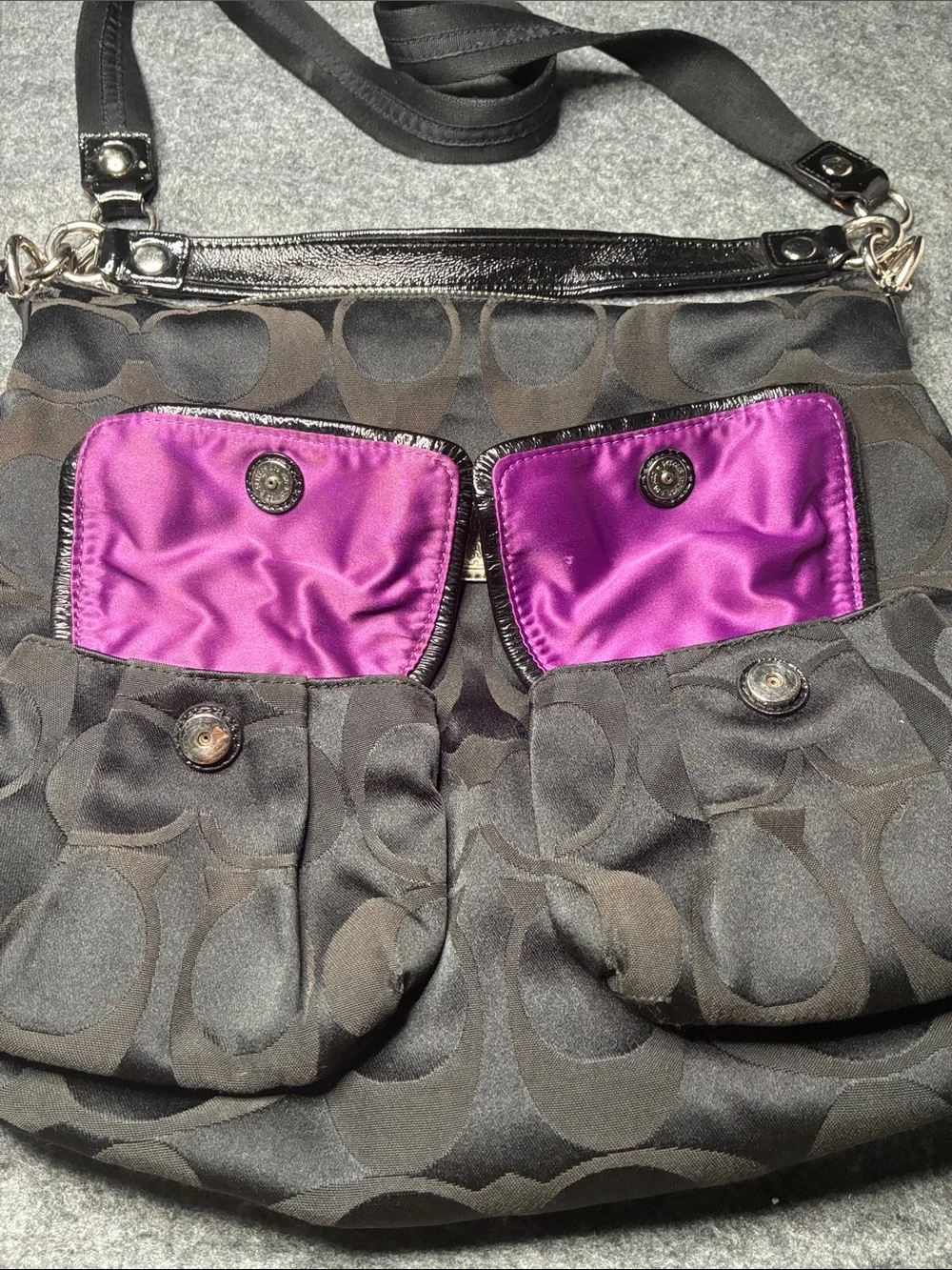 Coach poppy HOBO Black and Royal Purple interior Signature Shoulder Bag